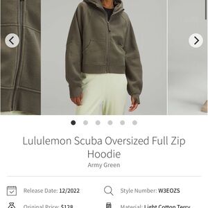 Lululemon Athletica Army Green Scuba Oversized Full Zip Hoodie